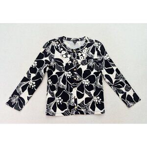 Rafaella Womens Top Size S Blue White Floral Print Stretch Knit Cardigan Sweater